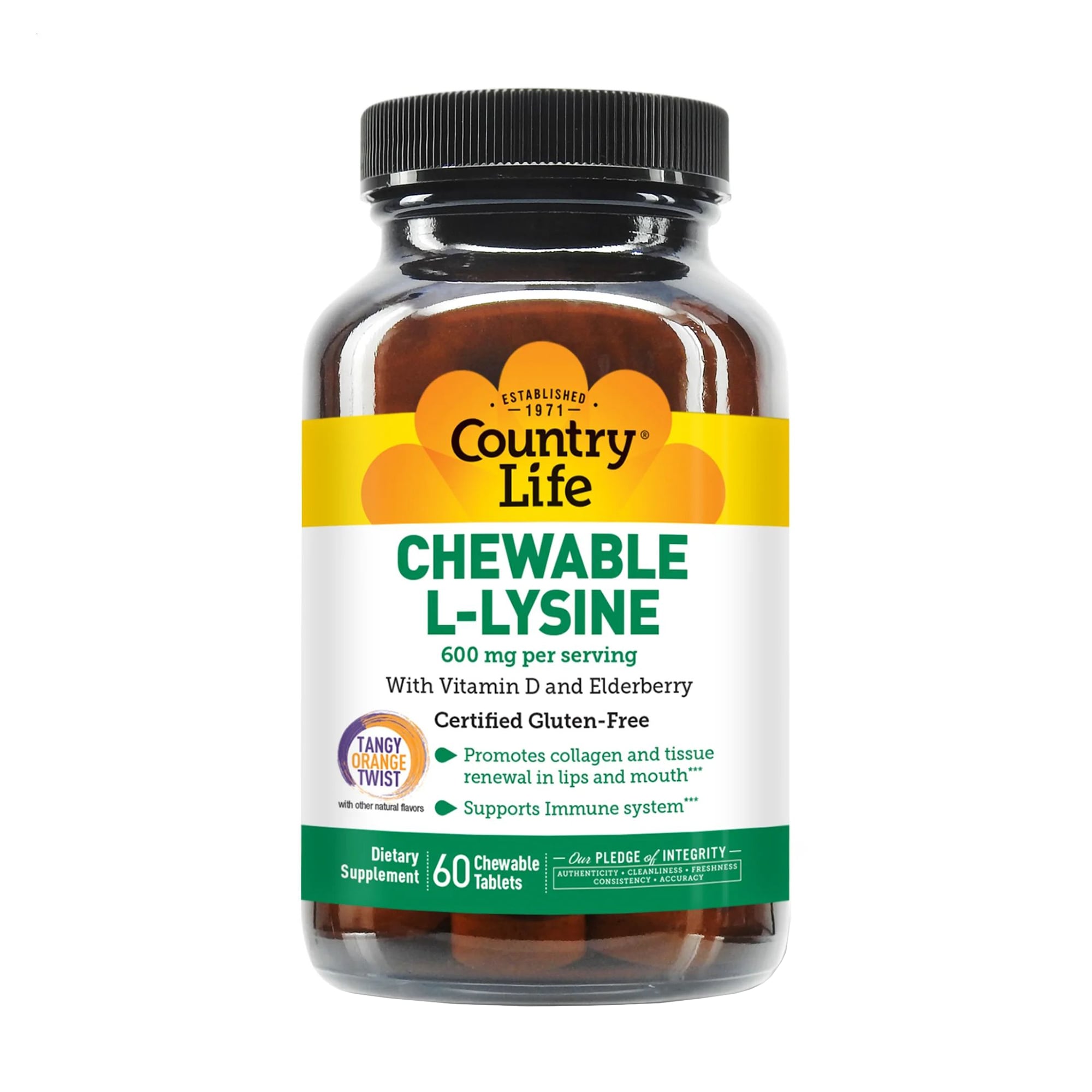 L-лізин Country Life Chewable L-Lysine, 600 мг, 60 жувальних таблеток